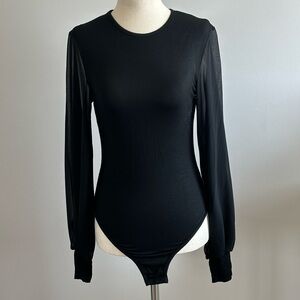 Black Bodysuit with Sheer Puff Sleeves – Rayon Blend